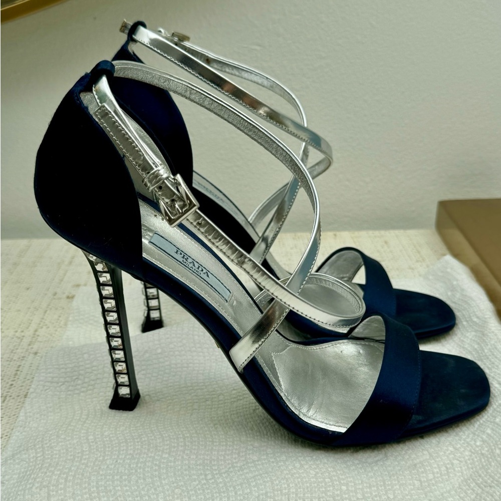 Prada Black Blue/Silver Satin Heels with Crystal
Embellished Heel size 39